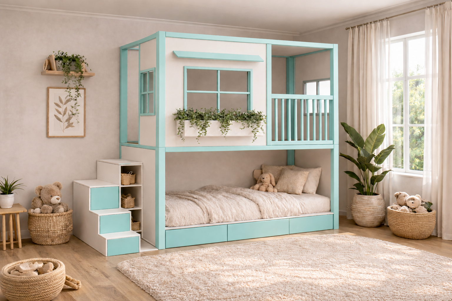 Cama infantil elevada Montessori tipo casita de Kiddowood con ventana decorativa, balcón de seguridad, escaleras con almacenamiento y diseño personalizable en colores neutros para habitación infantil moderna.