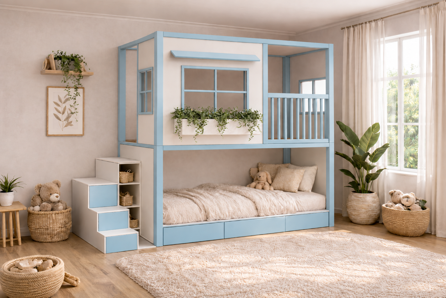 Cama infantil elevada Montessori tipo casita de Kiddowood con ventana decorativa, balcón de seguridad, escaleras con almacenamiento y diseño personalizable en colores neutros para habitación infantil moderna.