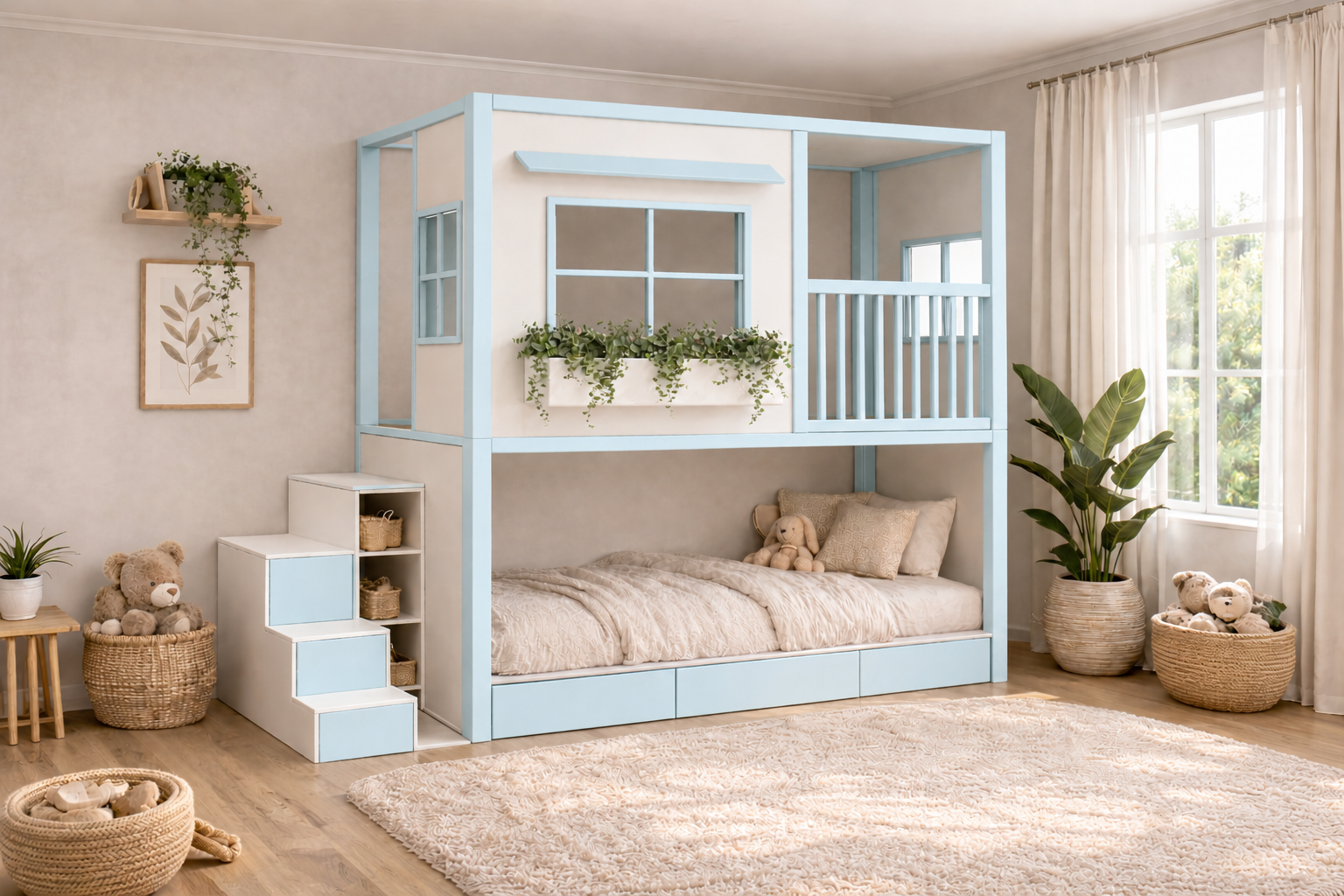 Cama infantil elevada Montessori tipo casita de Kiddowood con ventana decorativa, balcón de seguridad, escaleras con almacenamiento y diseño personalizable en colores neutros para habitación infantil moderna.