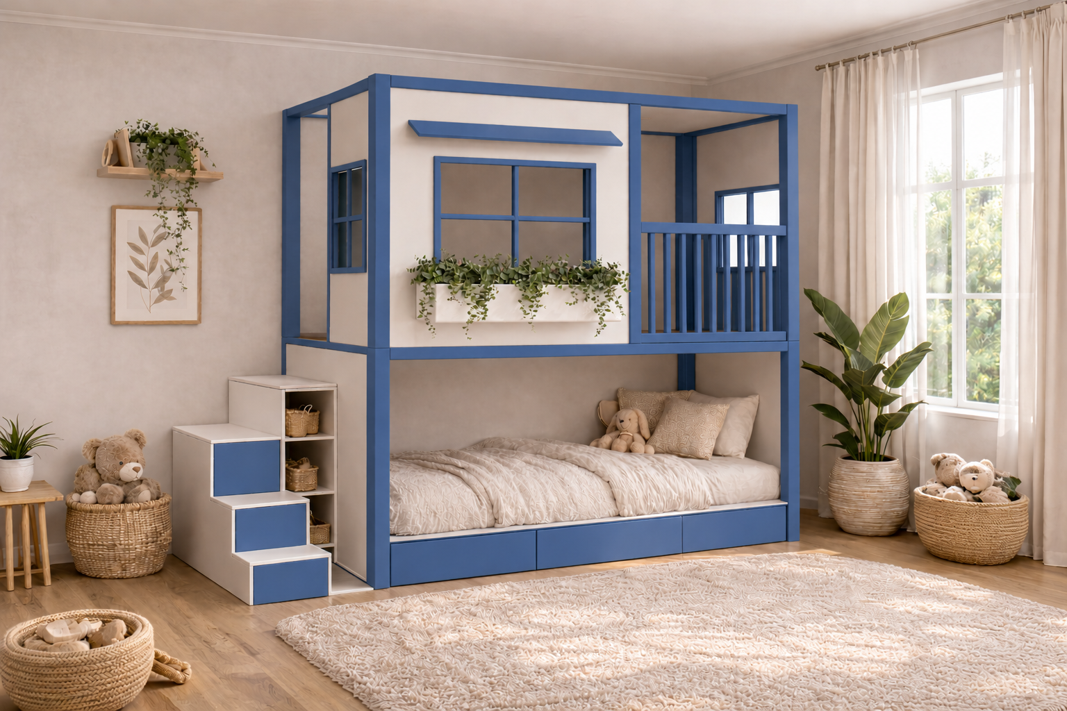 Cama infantil elevada Montessori tipo casita de Kiddowood con ventana decorativa, balcón de seguridad, escaleras con almacenamiento y diseño personalizable en colores neutros para habitación infantil moderna.