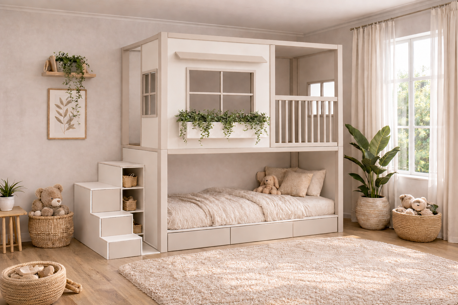 Cama infantil elevada Montessori tipo casita de Kiddowood con ventana decorativa, balcón de seguridad, escaleras con almacenamiento y diseño personalizable en colores neutros para habitación infantil moderna.