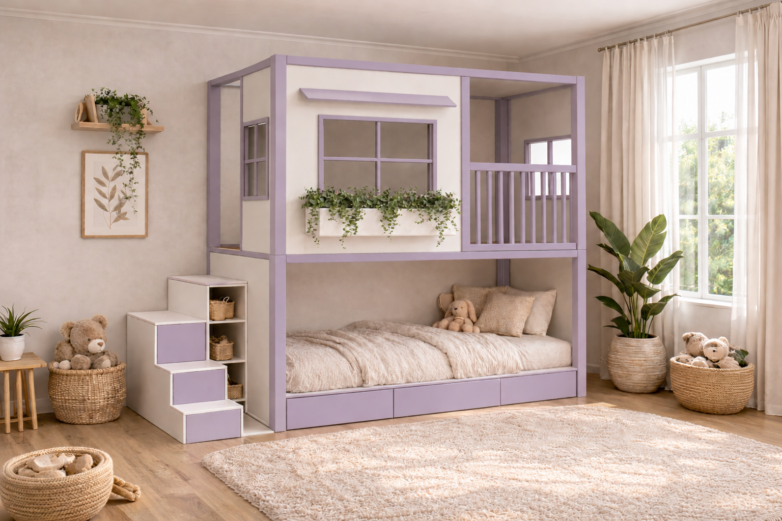 Cama infantil elevada Montessori tipo casita de Kiddowood con ventana decorativa, balcón de seguridad, escaleras con almacenamiento y diseño personalizable en colores neutros para habitación infantil moderna.