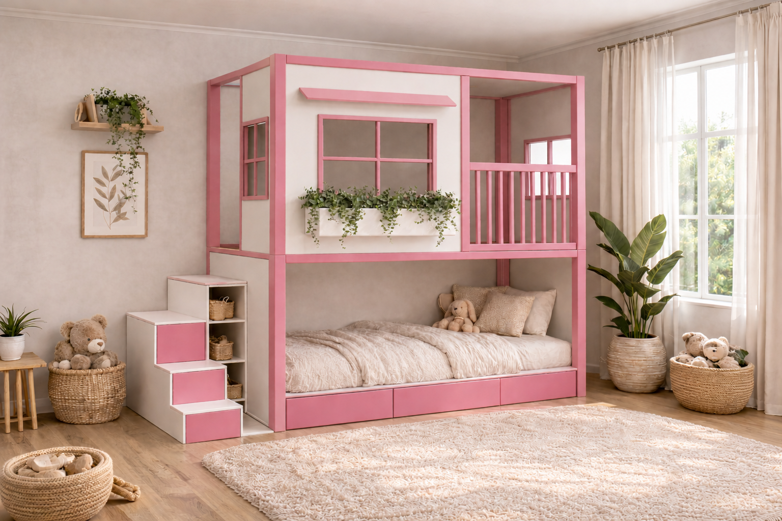 Cama infantil elevada Montessori tipo casita de Kiddowood con ventana decorativa, balcón de seguridad, escaleras con almacenamiento y diseño personalizable en colores neutros para habitación infantil moderna.