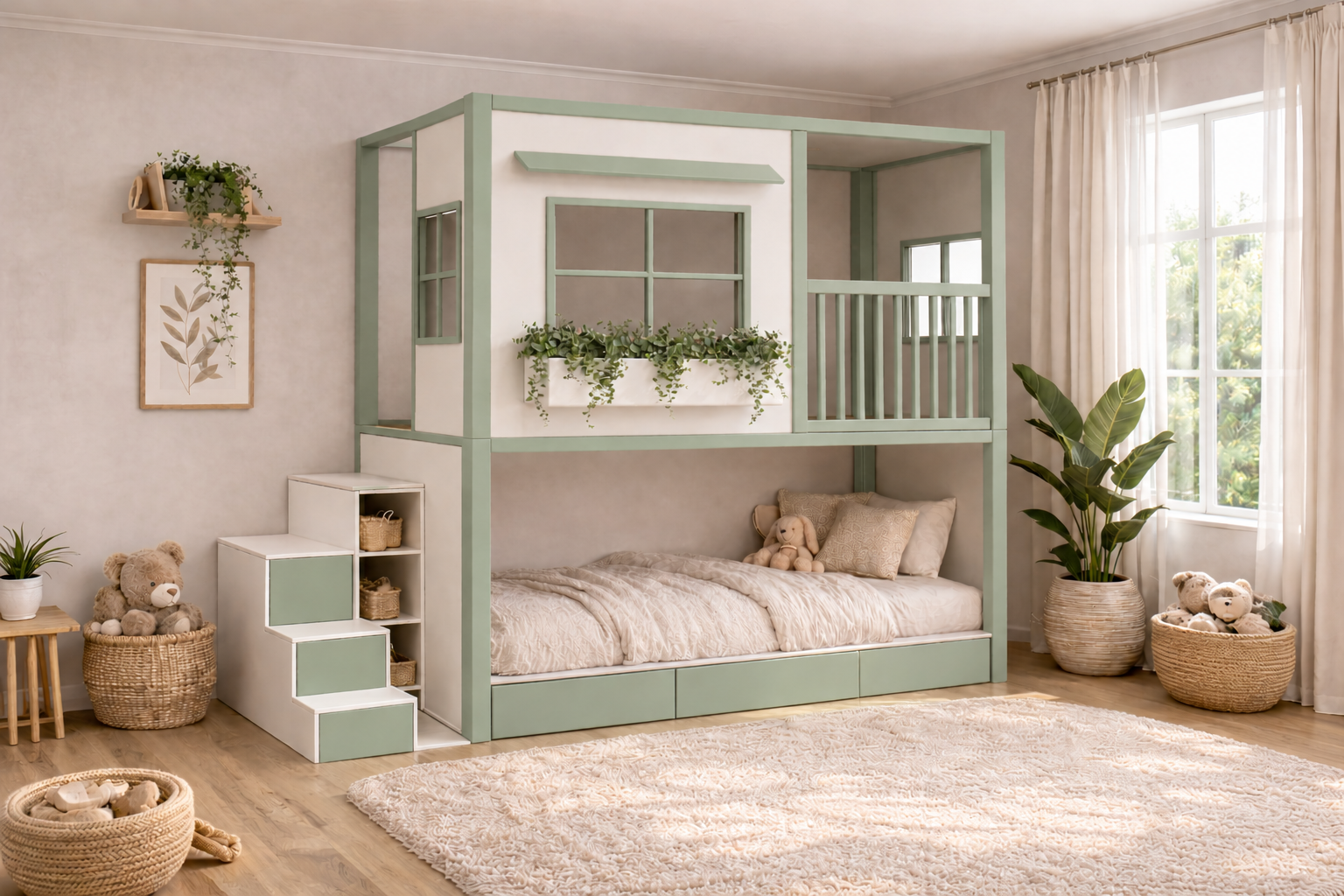 Cama infantil elevada Montessori tipo casita de Kiddowood con ventana decorativa, balcón de seguridad, escaleras con almacenamiento y diseño personalizable en colores neutros para habitación infantil moderna.