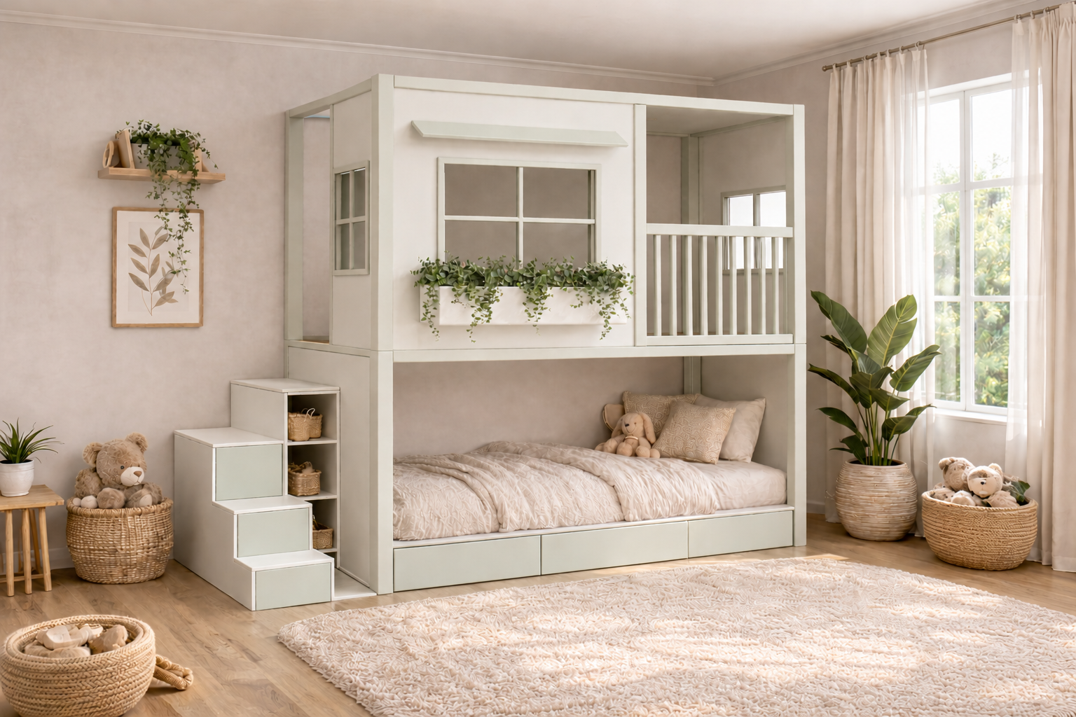Cama infantil elevada Montessori tipo casita de Kiddowood con ventana decorativa, balcón de seguridad, escaleras con almacenamiento y diseño personalizable en colores neutros para habitación infantil moderna.