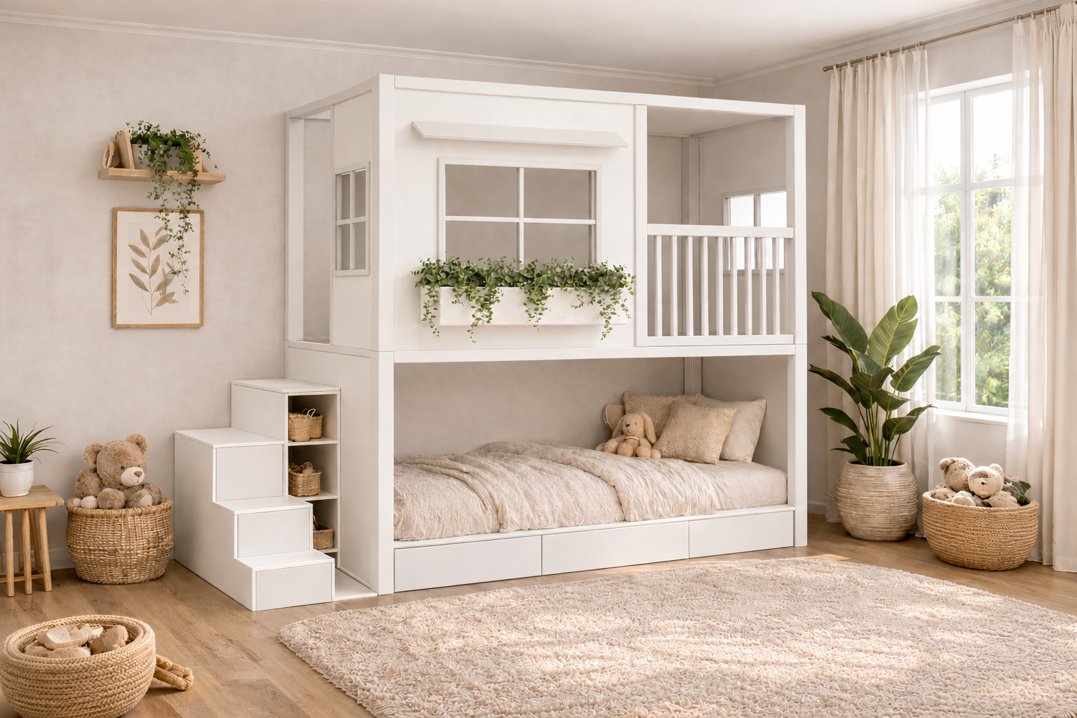Cama infantil elevada Montessori tipo casita de Kiddowood con ventana decorativa, balcón de seguridad, escaleras con almacenamiento y diseño personalizable en colores neutros para habitación infantil moderna.