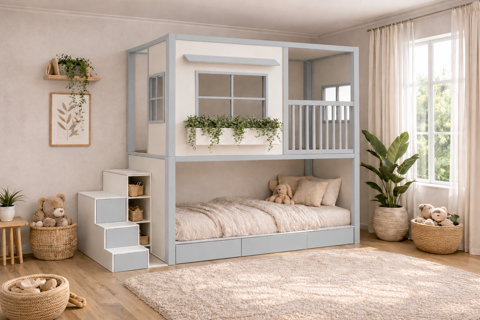 Cama infantil elevada Montessori tipo casita de Kiddowood con ventana decorativa, balcón de seguridad, escaleras con almacenamiento y diseño personalizable en colores neutros para habitación infantil moderna.