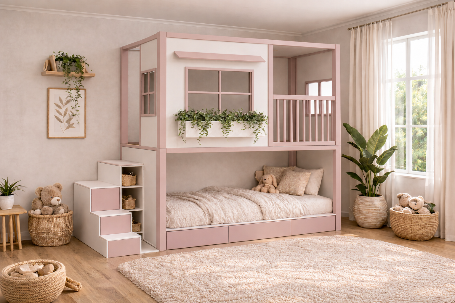 Cama infantil elevada Montessori tipo casita de Kiddowood con ventana decorativa, balcón de seguridad, escaleras con almacenamiento y diseño personalizable en colores neutros para habitación infantil moderna.