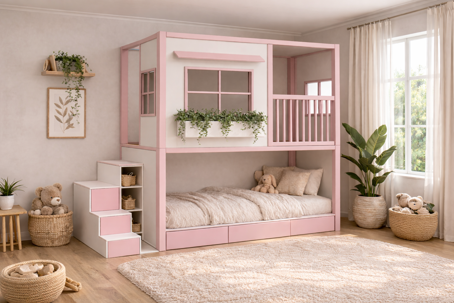 Cama infantil elevada Montessori tipo casita de Kiddowood con ventana decorativa, balcón de seguridad, escaleras con almacenamiento y diseño personalizable en colores neutros para habitación infantil moderna.