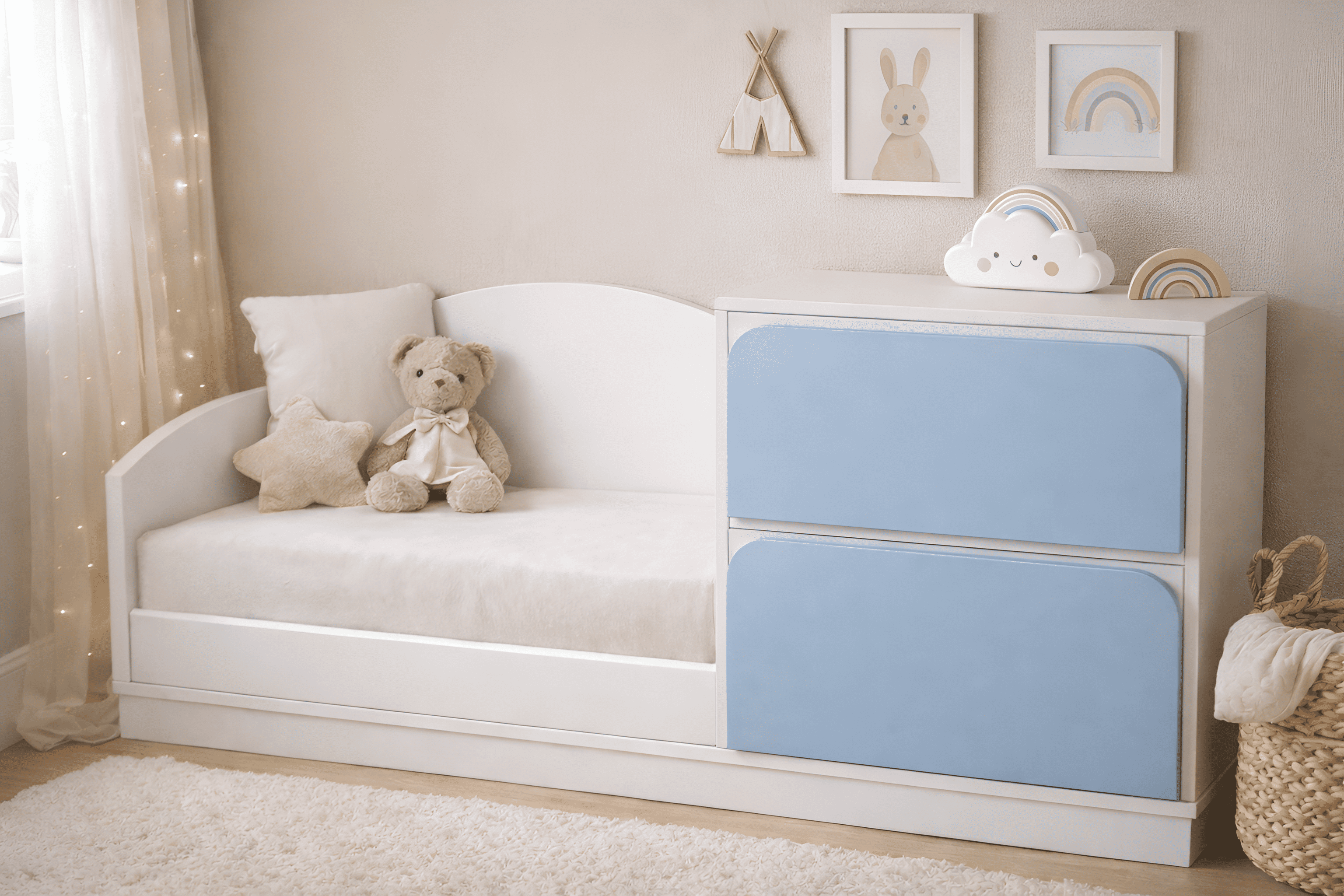 Banco infantil de madera blanca con asiento acolchado y cajoneras en tono beige neutro, ideal para habitación infantil estilo cozy minimalista.
