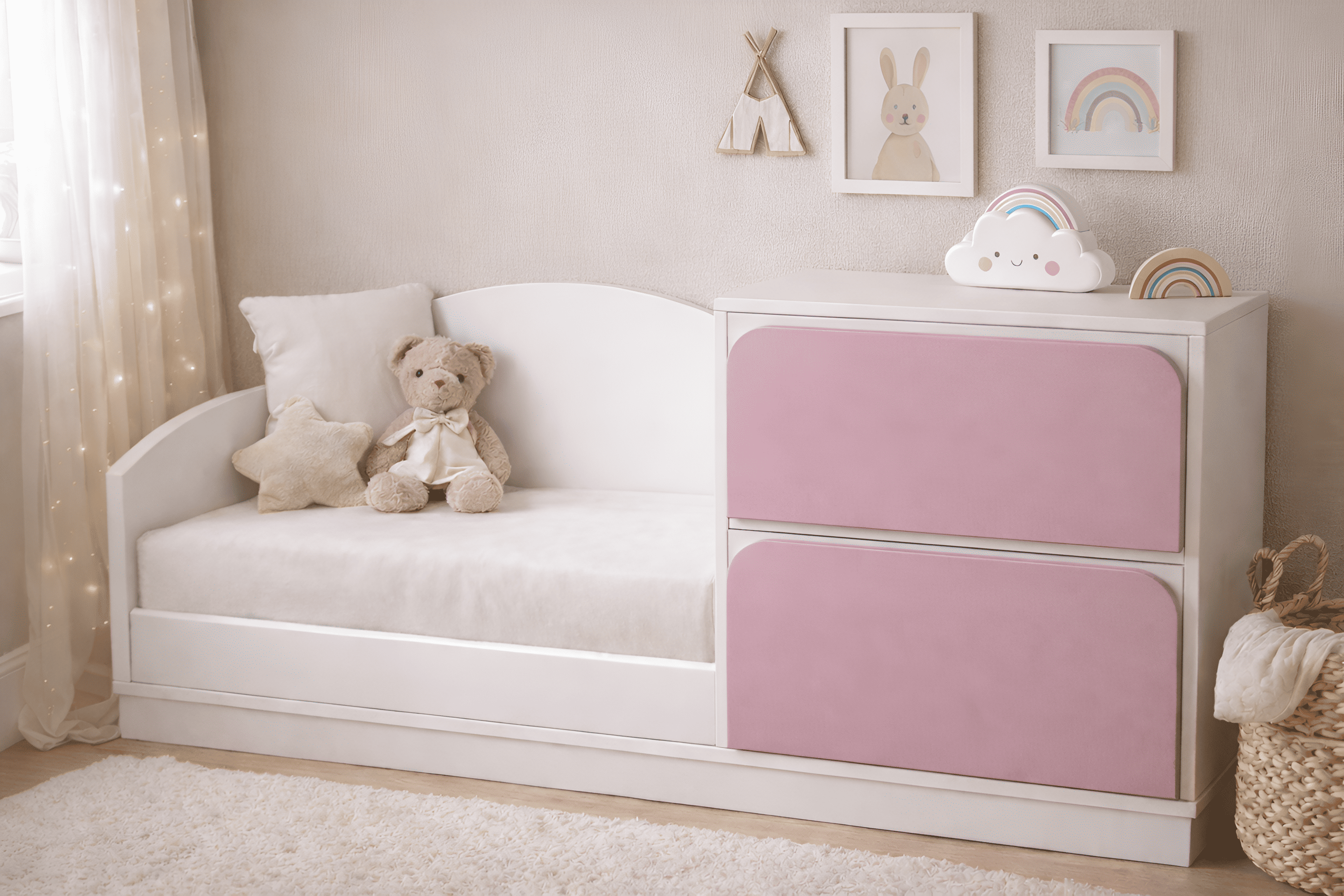Banco infantil de madera blanca con asiento acolchado y cajoneras en tono beige neutro, ideal para habitación infantil estilo cozy minimalista.