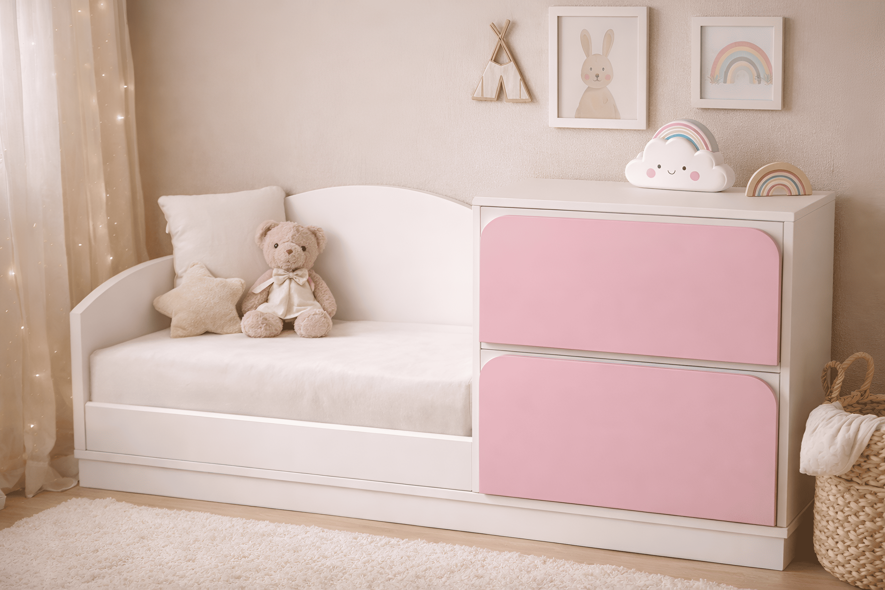 Banco infantil de madera blanca con asiento acolchado y cajoneras en tono beige neutro, ideal para habitación infantil estilo cozy minimalista.