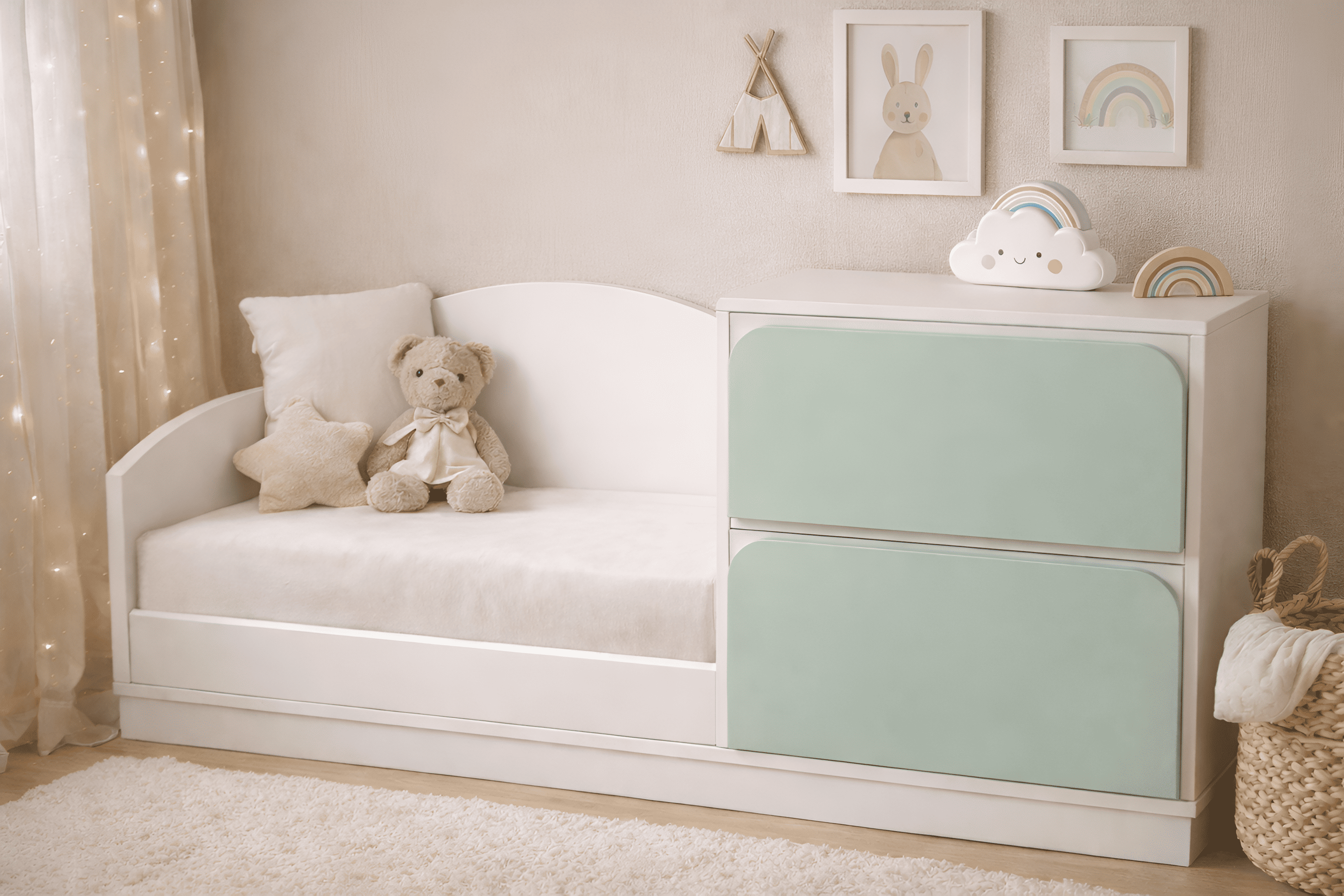 Banco infantil de madera blanca con asiento acolchado y cajoneras en tono beige neutro, ideal para habitación infantil estilo cozy minimalista.