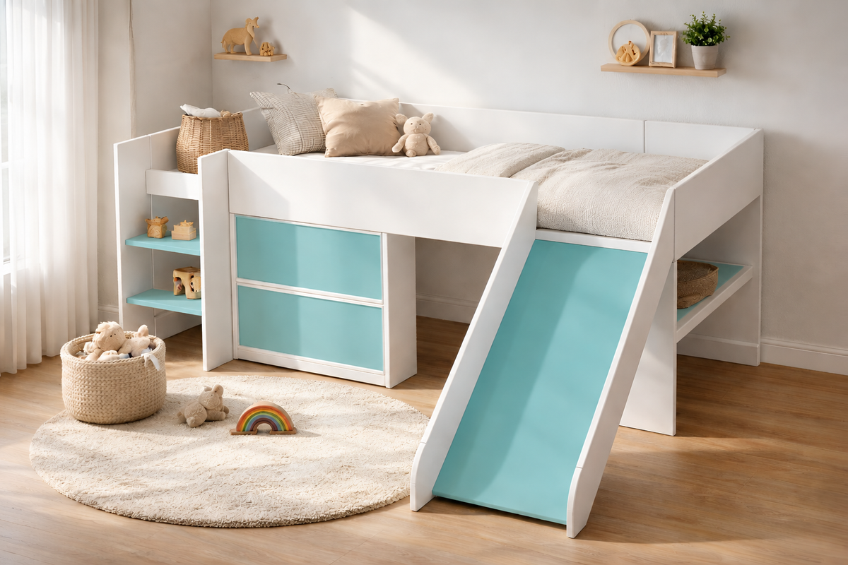 ama alta Montessori infantil Kiddowood con resbaladilla, escritorio integrado y almacenamiento en escalera, personalizable en toda la gama de colores Kiddowood para habitaciones infantiles modernas.