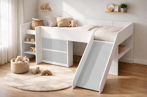 ama alta Montessori infantil Kiddowood con resbaladilla, escritorio integrado y almacenamiento en escalera, personalizable en toda la gama de colores Kiddowood para habitaciones infantiles modernas.