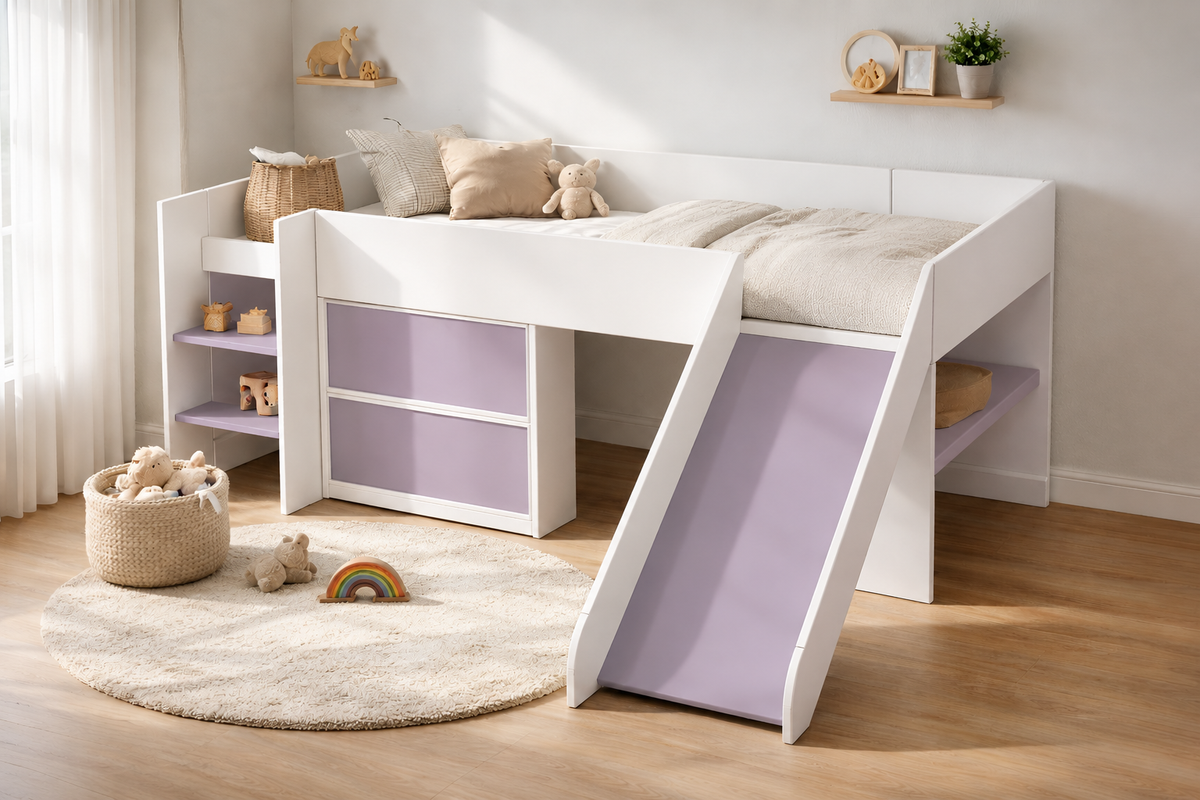 ama alta Montessori infantil Kiddowood con resbaladilla, escritorio integrado y almacenamiento en escalera, personalizable en toda la gama de colores Kiddowood para habitaciones infantiles modernas.