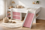 ama alta Montessori infantil Kiddowood con resbaladilla, escritorio integrado y almacenamiento en escalera, personalizable en toda la gama de colores Kiddowood para habitaciones infantiles modernas.