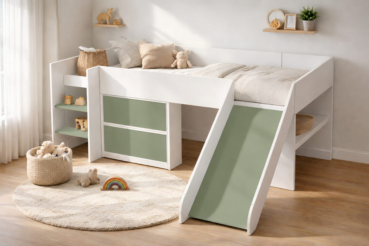 ama alta Montessori infantil Kiddowood con resbaladilla, escritorio integrado y almacenamiento en escalera, personalizable en toda la gama de colores Kiddowood para habitaciones infantiles modernas.
