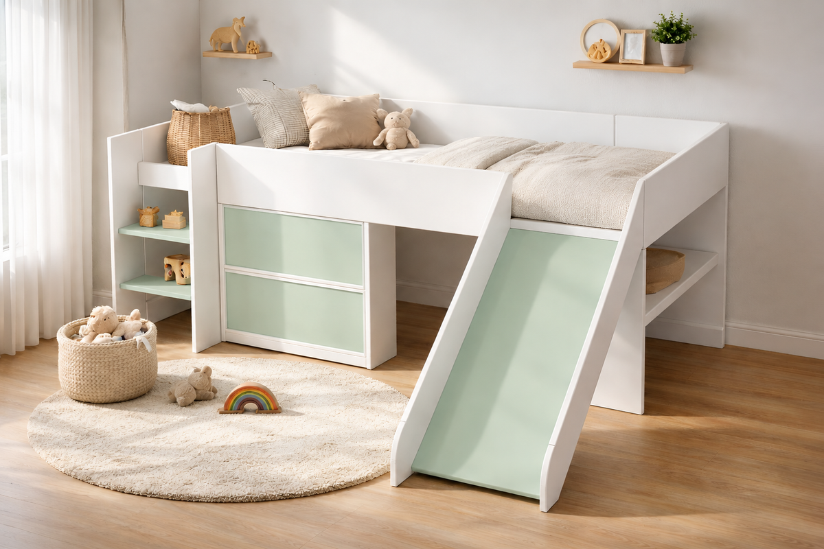 ama alta Montessori infantil Kiddowood con resbaladilla, escritorio integrado y almacenamiento en escalera, personalizable en toda la gama de colores Kiddowood para habitaciones infantiles modernas.