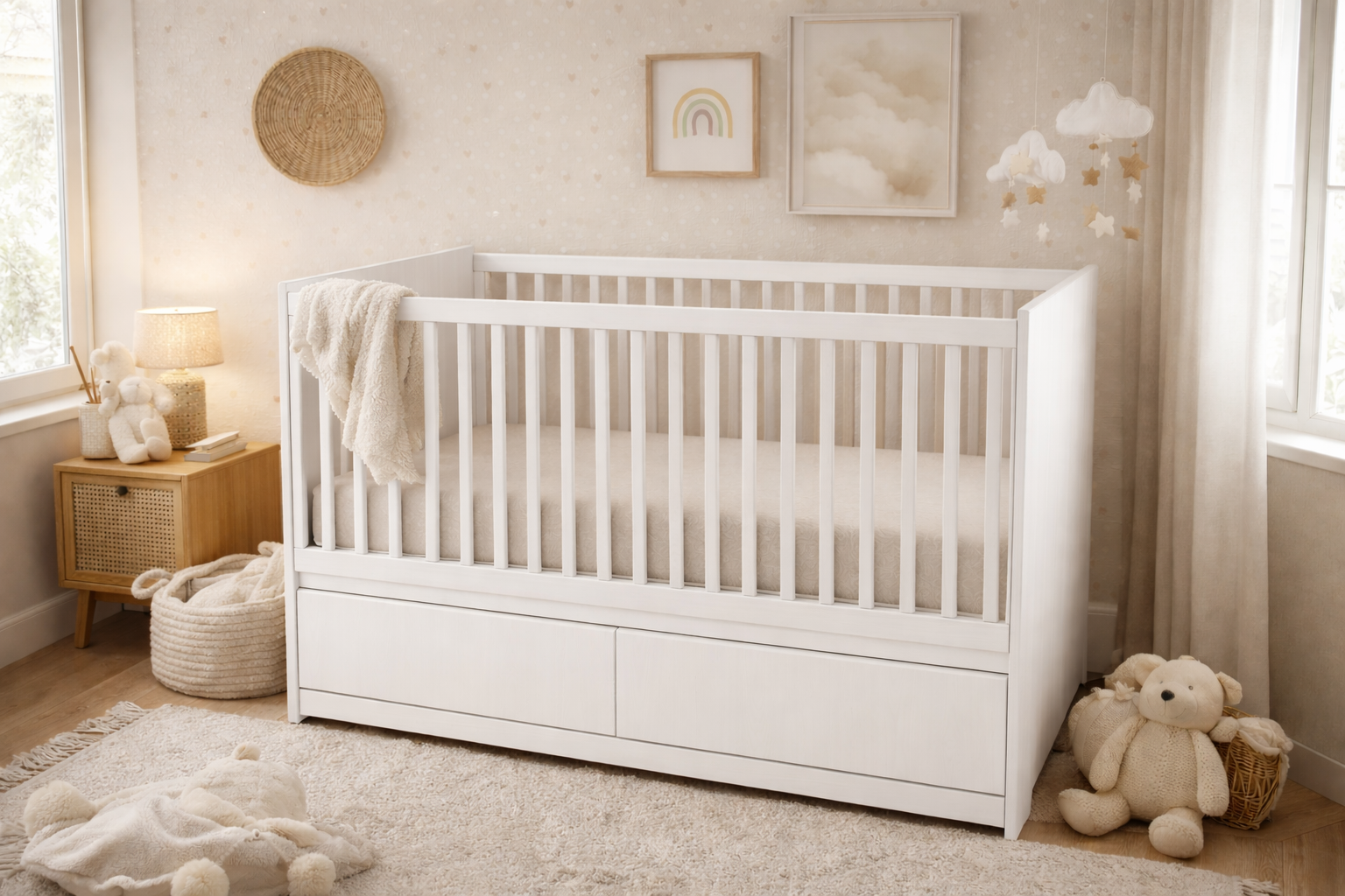 Cuna de madera roble natural y blanco con cajones inferiores en habitación infantil estilo cozy neutro en México.