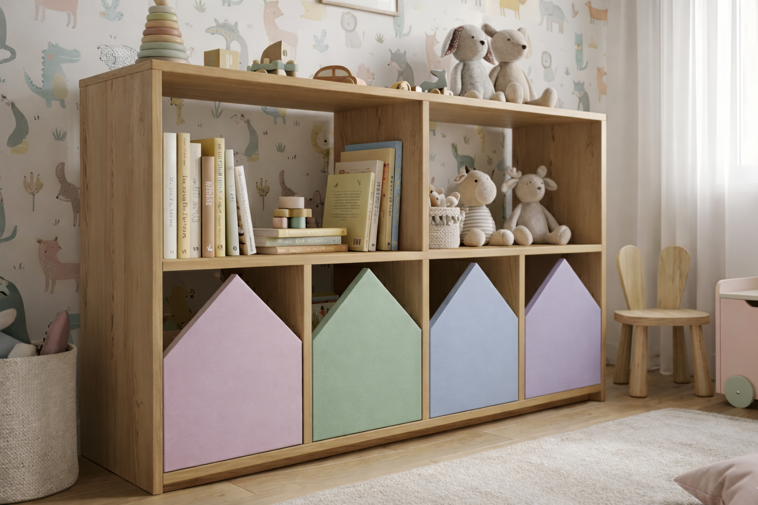 Organizador infantil KiddoPlay de madera natural con cajoneras en forma de casita en colores personalizables, ideal para habitación infantil cozy.