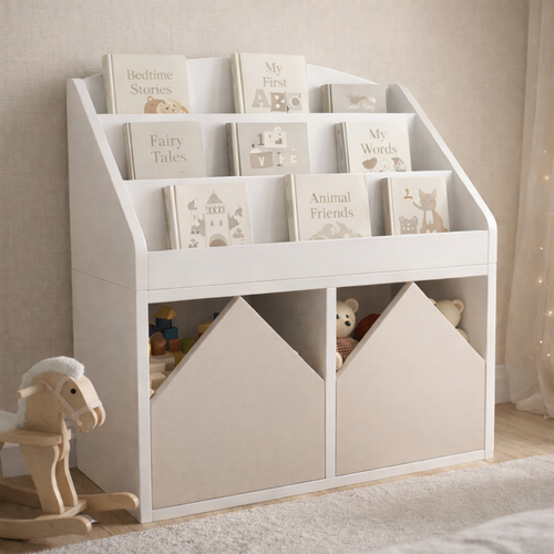 Librero infantil KiddoBooks blanco con repisas frontales para libros y cajoneras en forma de casita, ideal para habitación infantil cozy.