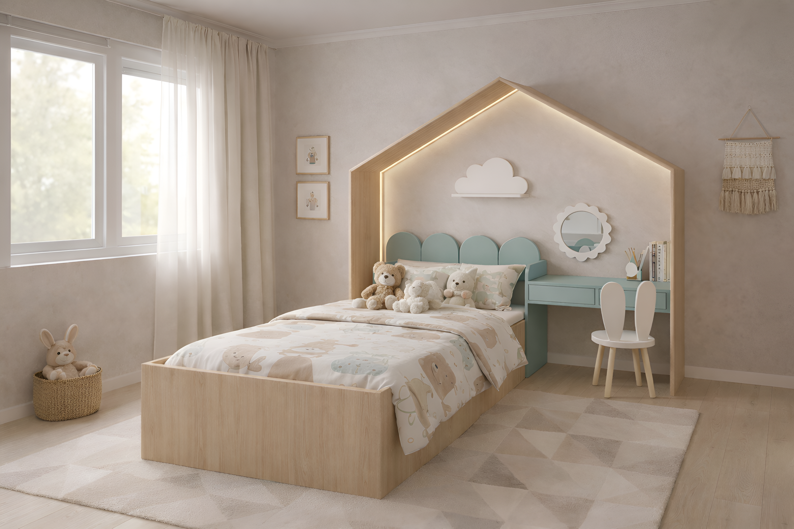 Cama infantil KiddoHouse tipo casita en madera natural con iluminación LED y escritorio integrado, ideal para habitación infantil estilo cozy.