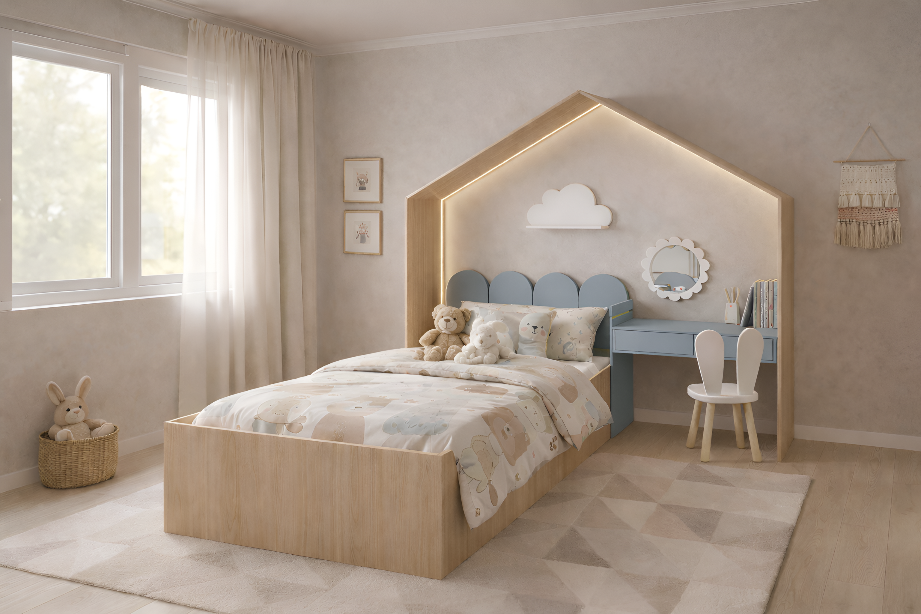 Cama infantil KiddoHouse tipo casita en madera natural con iluminación LED y escritorio integrado, ideal para habitación infantil estilo cozy.