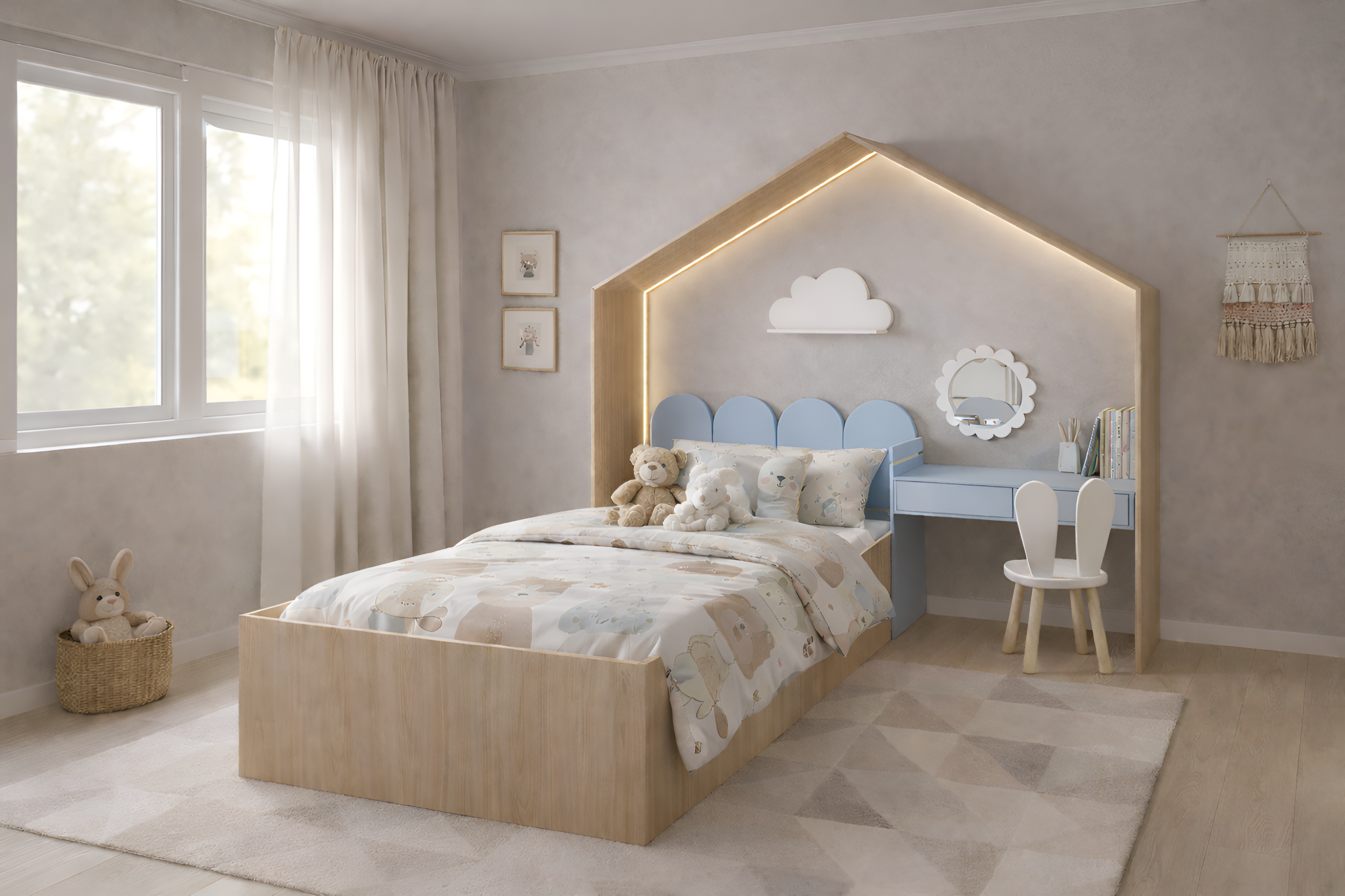 Cama infantil KiddoHouse tipo casita en madera natural con iluminación LED y escritorio integrado, ideal para habitación infantil estilo cozy.