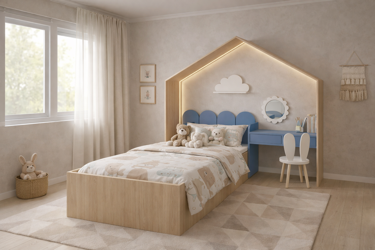 Cama infantil KiddoHouse tipo casita en madera natural con iluminación LED y escritorio integrado, ideal para habitación infantil estilo cozy.