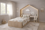 Cama infantil KiddoHouse tipo casita en madera natural con iluminación LED y escritorio integrado, ideal para habitación infantil estilo cozy.