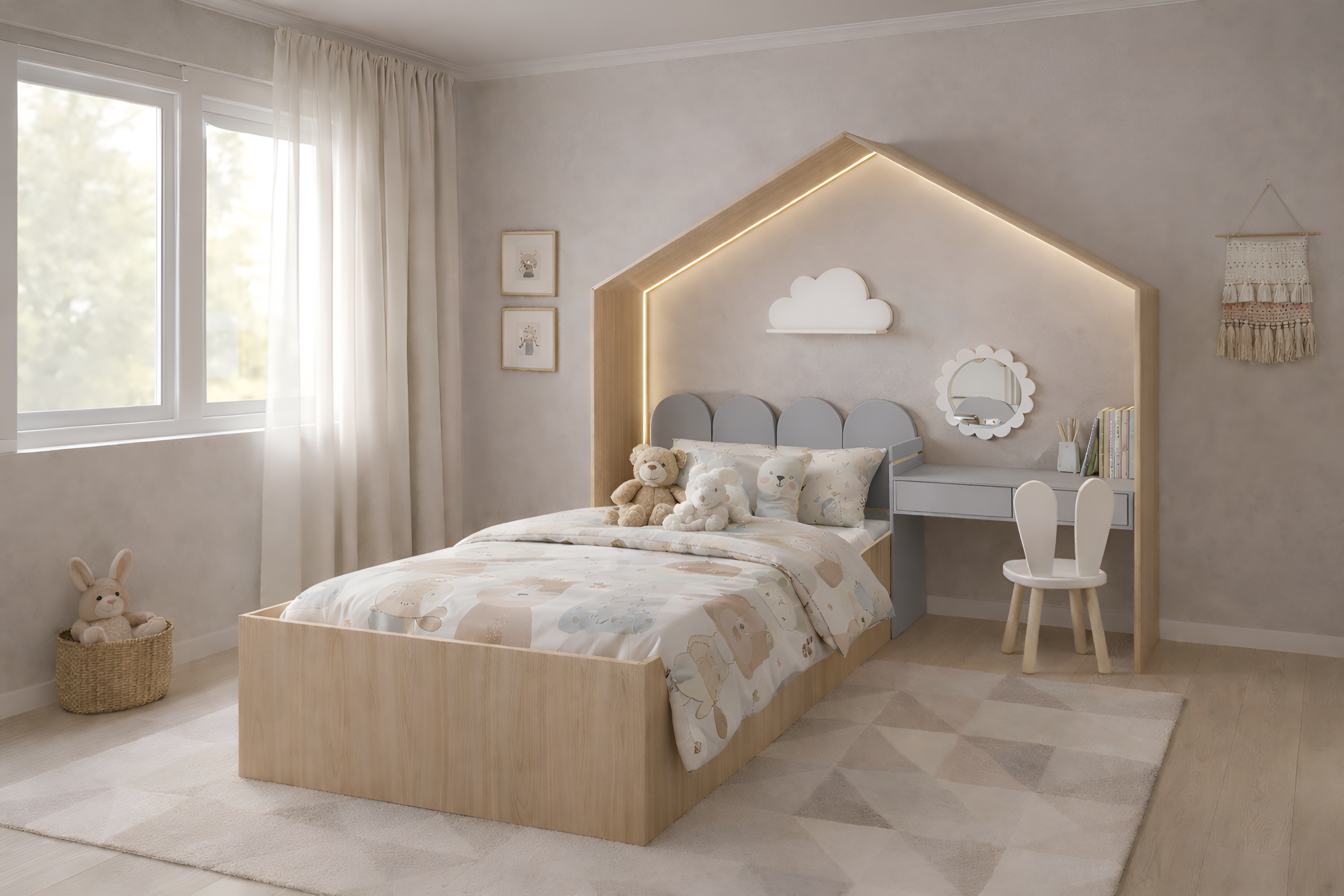 Cama infantil KiddoHouse tipo casita en madera natural con iluminación LED y escritorio integrado, ideal para habitación infantil estilo cozy.