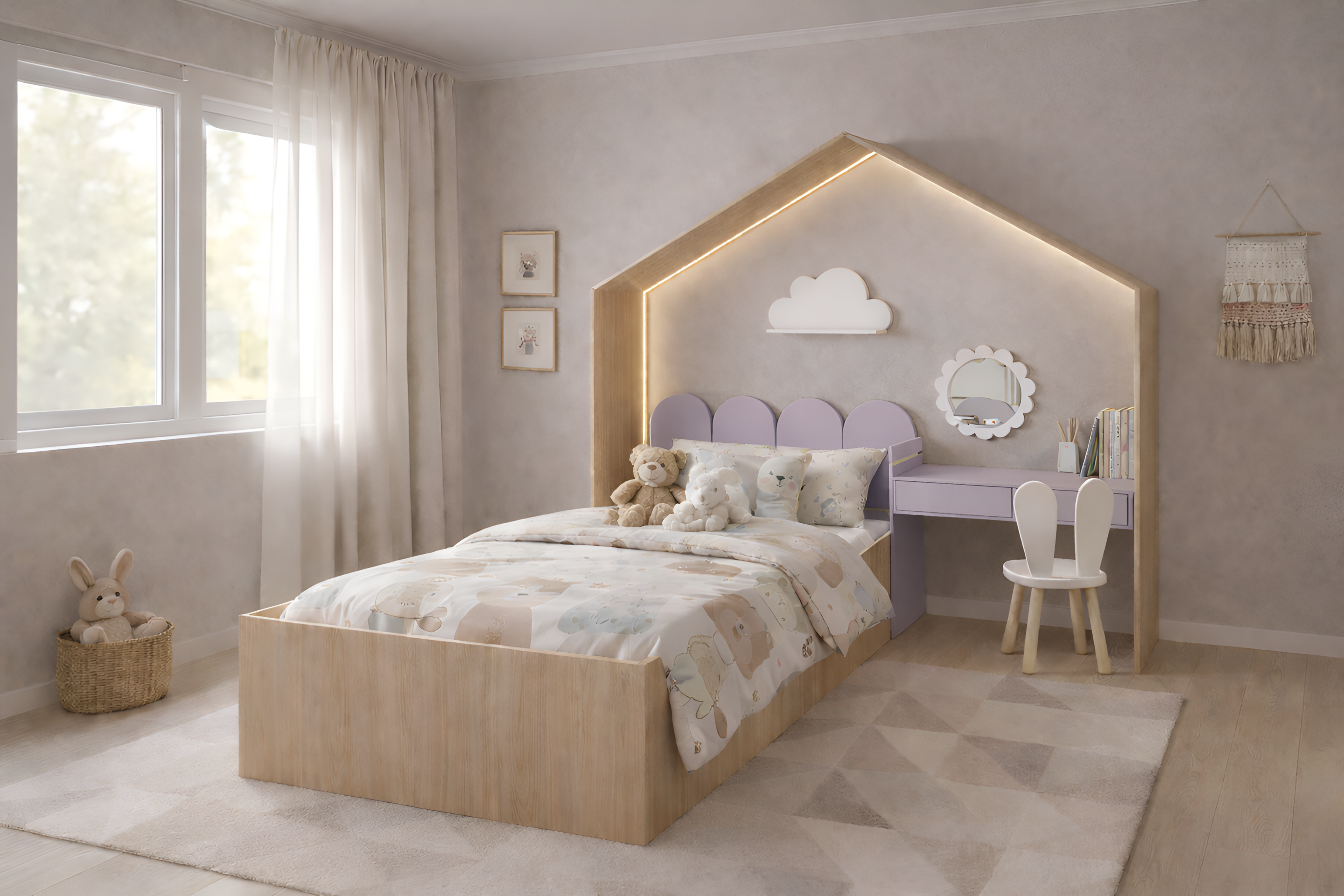 Cama infantil KiddoHouse tipo casita en madera natural con iluminación LED y escritorio integrado, ideal para habitación infantil estilo cozy.