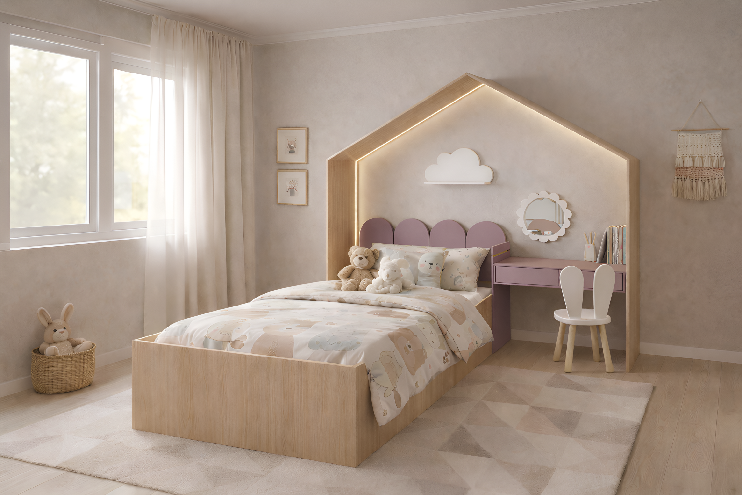 Cama infantil KiddoHouse tipo casita en madera natural con iluminación LED y escritorio integrado, ideal para habitación infantil estilo cozy.