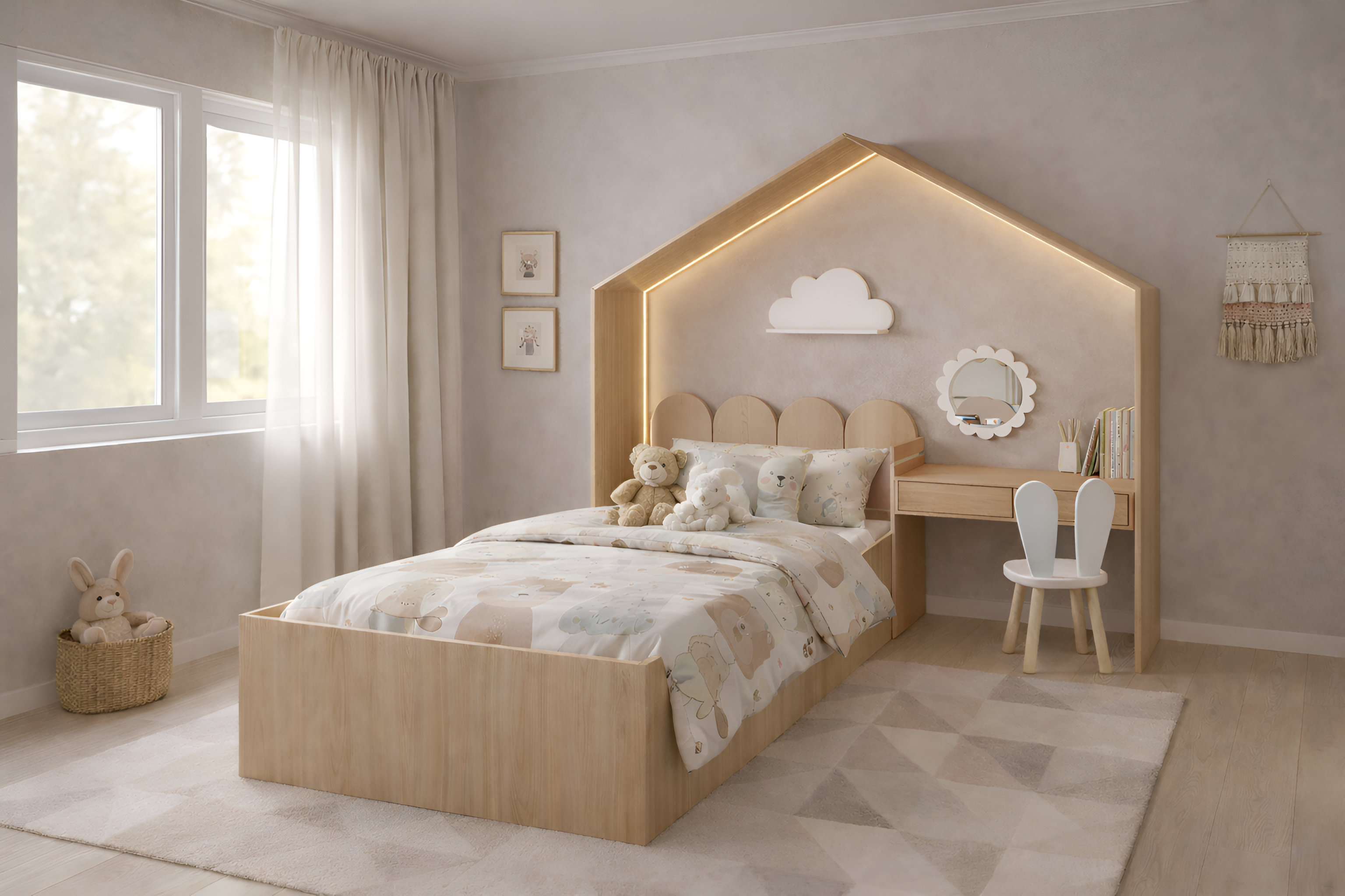 Cama infantil KiddoHouse tipo casita en madera natural con iluminación LED y escritorio integrado, ideal para habitación infantil estilo cozy.