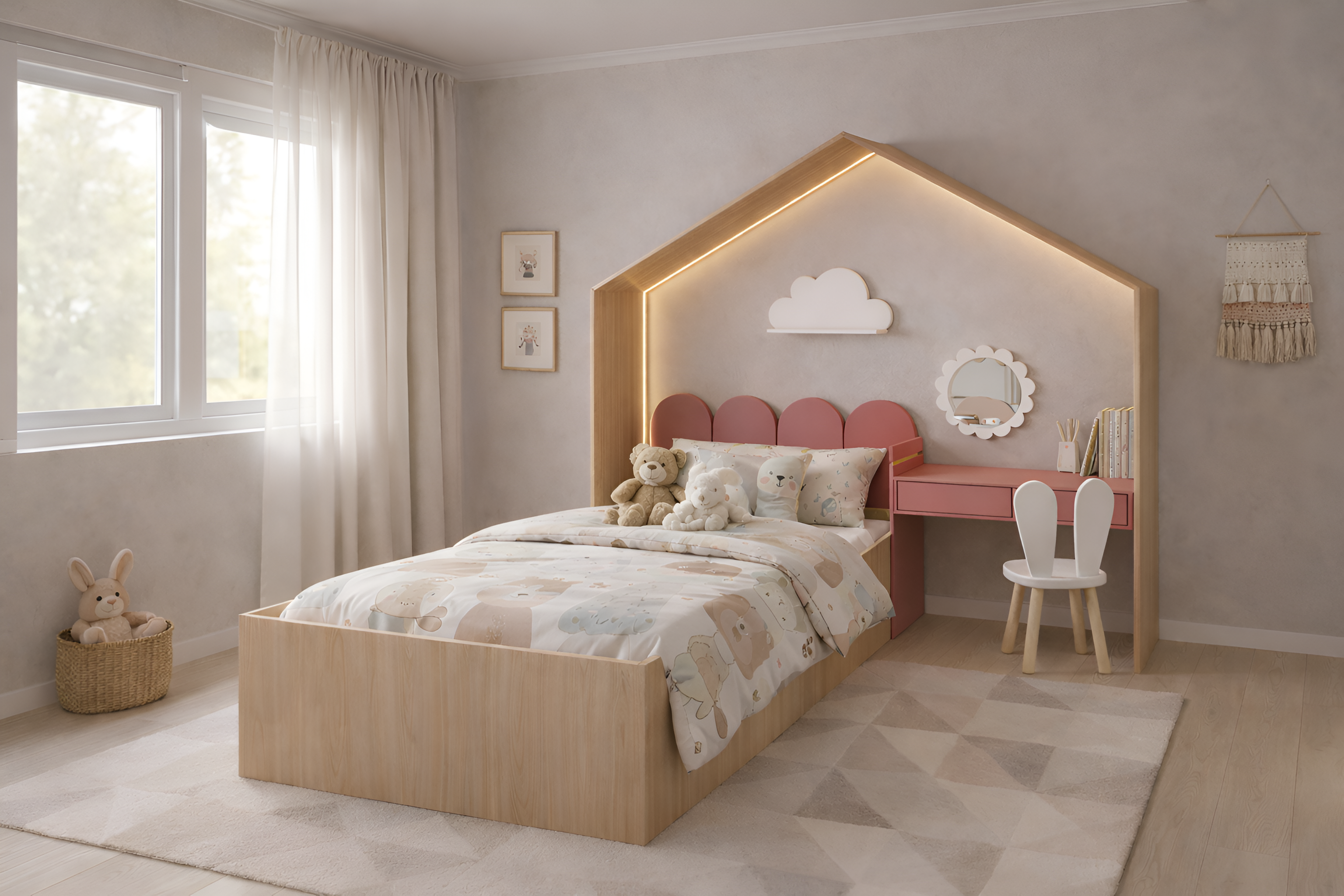 Cama infantil KiddoHouse tipo casita en madera natural con iluminación LED y escritorio integrado, ideal para habitación infantil estilo cozy.