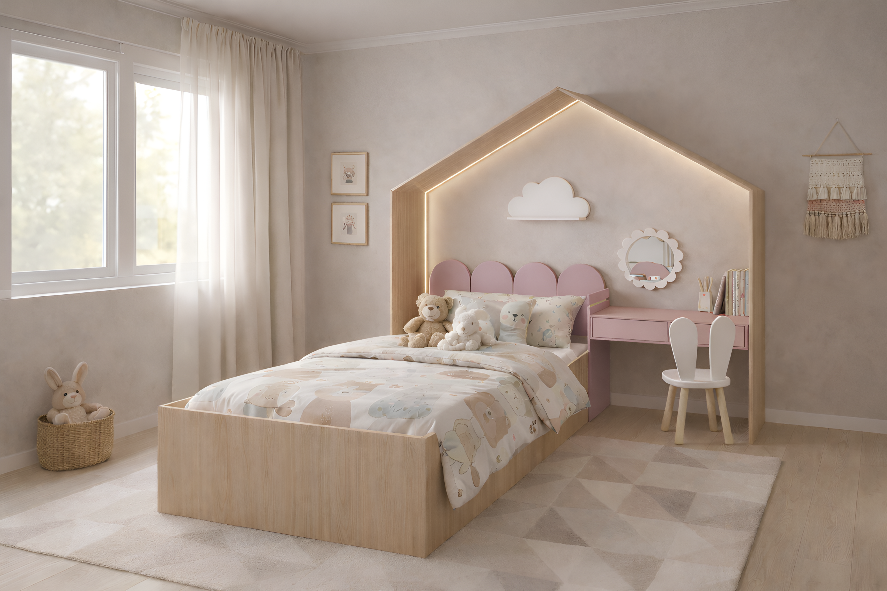Cama infantil KiddoHouse tipo casita en madera natural con iluminación LED y escritorio integrado, ideal para habitación infantil estilo cozy.