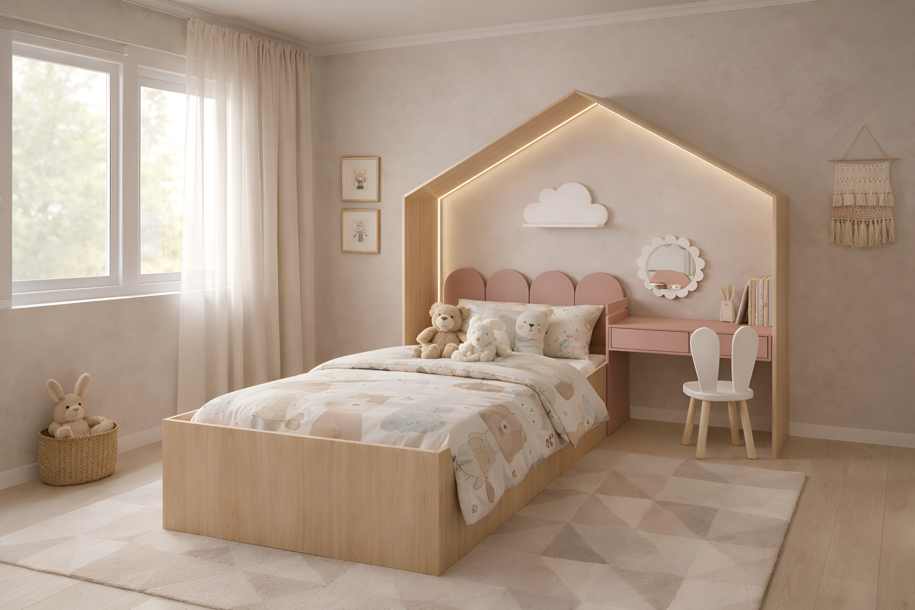 Cama infantil KiddoHouse tipo casita en madera natural con iluminación LED y escritorio integrado, ideal para habitación infantil estilo cozy.