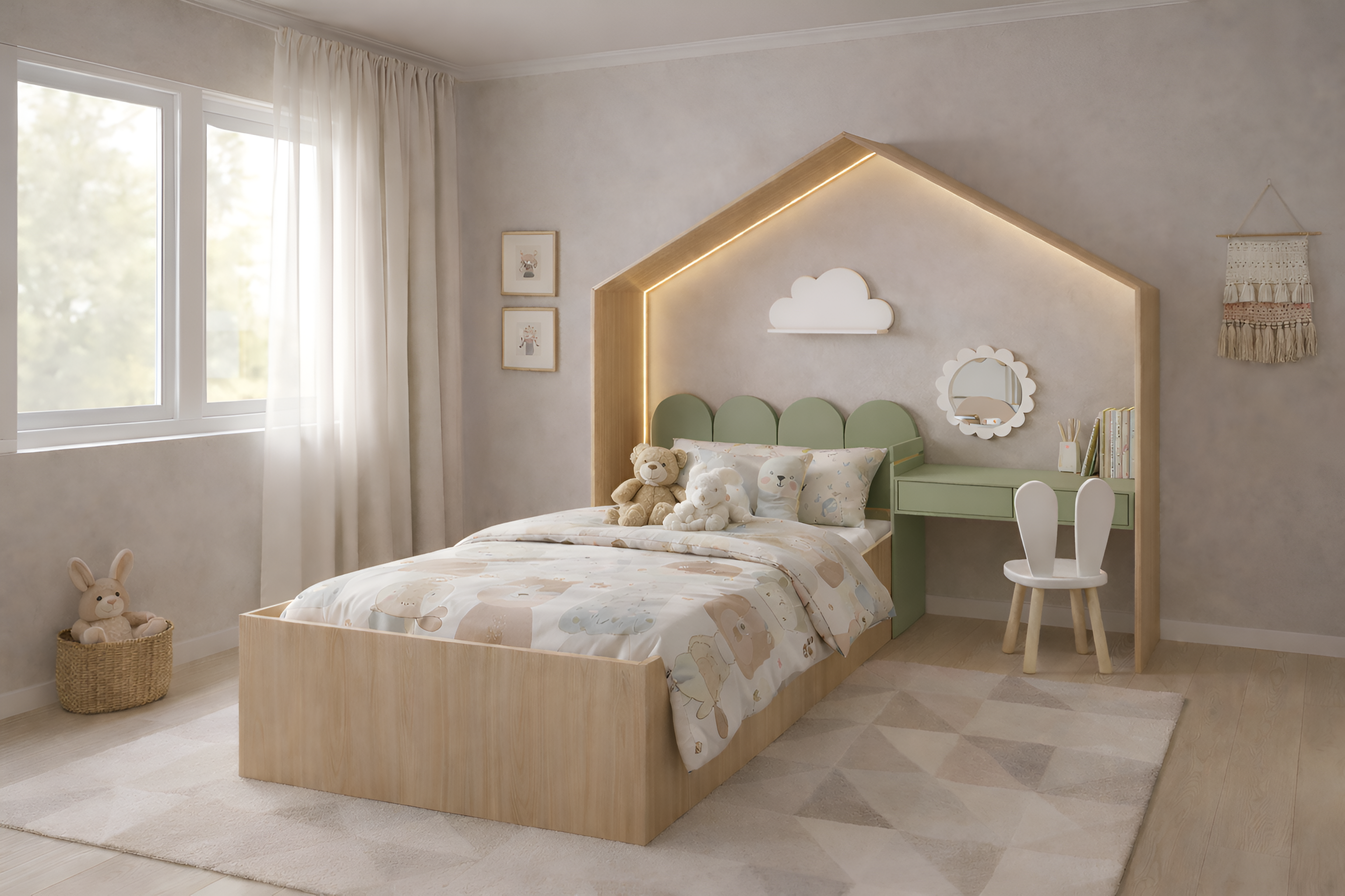 Cama infantil KiddoHouse tipo casita en madera natural con iluminación LED y escritorio integrado, ideal para habitación infantil estilo cozy.