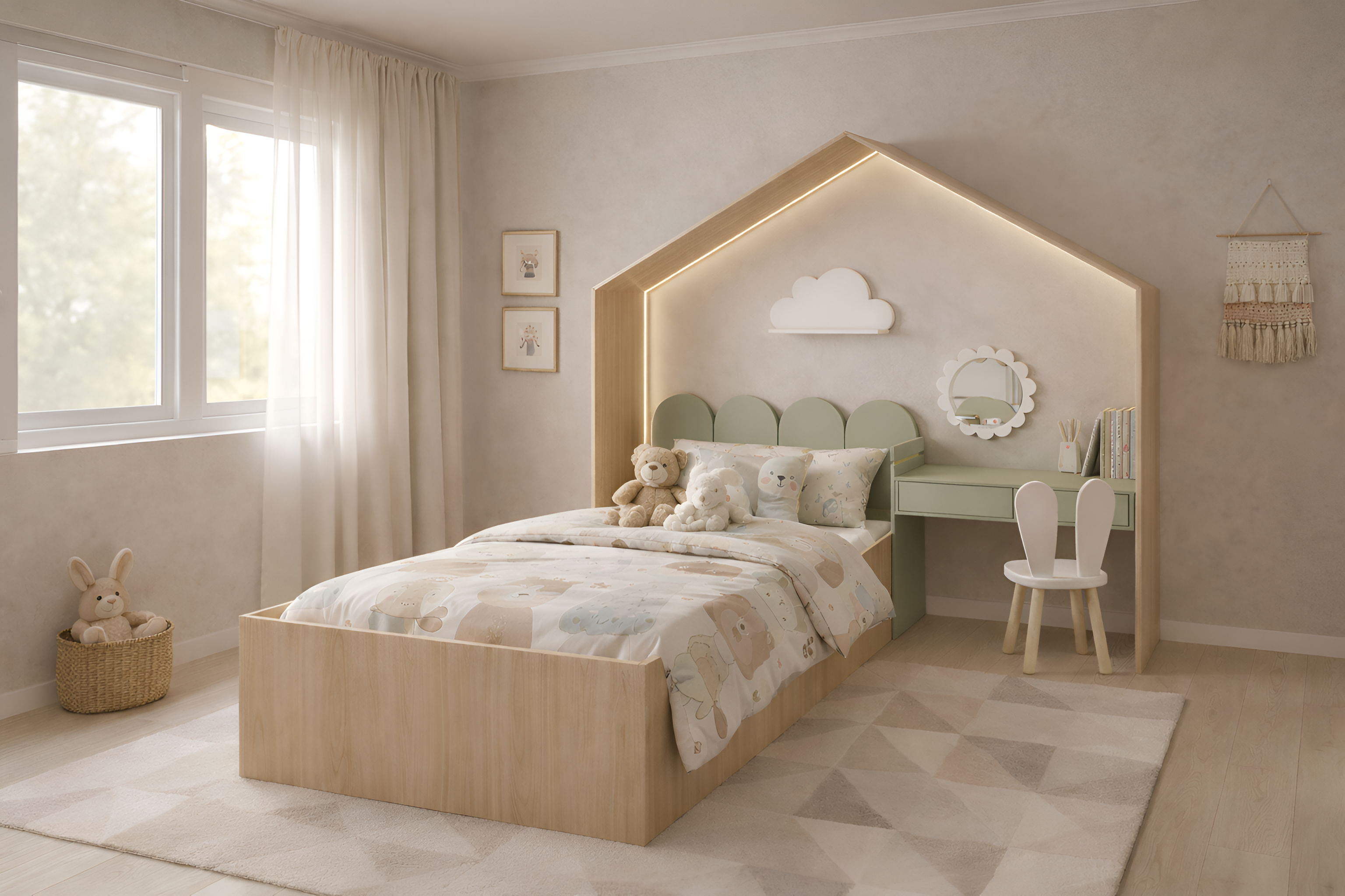 Cama infantil KiddoHouse tipo casita en madera natural con iluminación LED y escritorio integrado, ideal para habitación infantil estilo cozy.