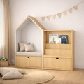Módulo infantil KiddoCozy de madera natural con banca tipo casita, cojines y mueble para libros con cajón inferior, ideal para rincón de lectura cozy.