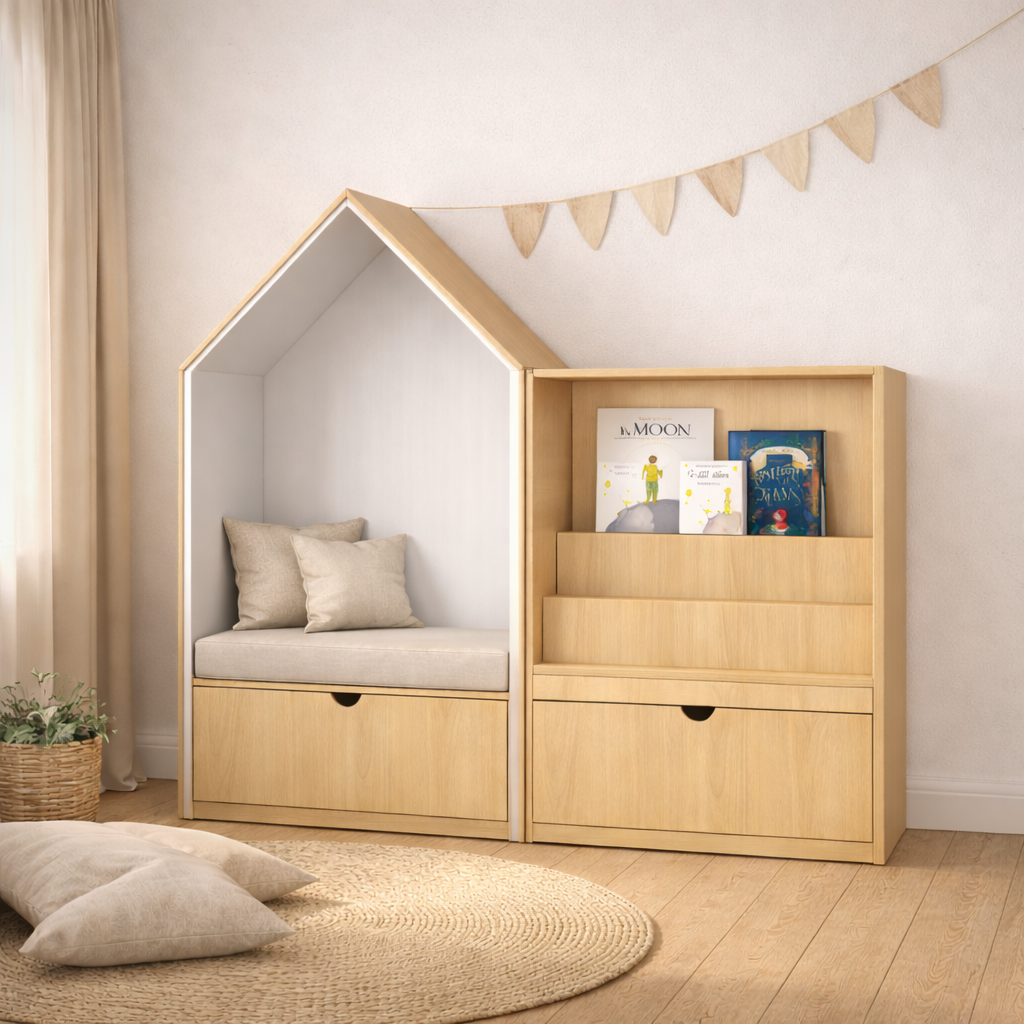 Módulo infantil KiddoCozy de madera natural con banca tipo casita, cojines y mueble para libros con cajón inferior, ideal para rincón de lectura cozy.