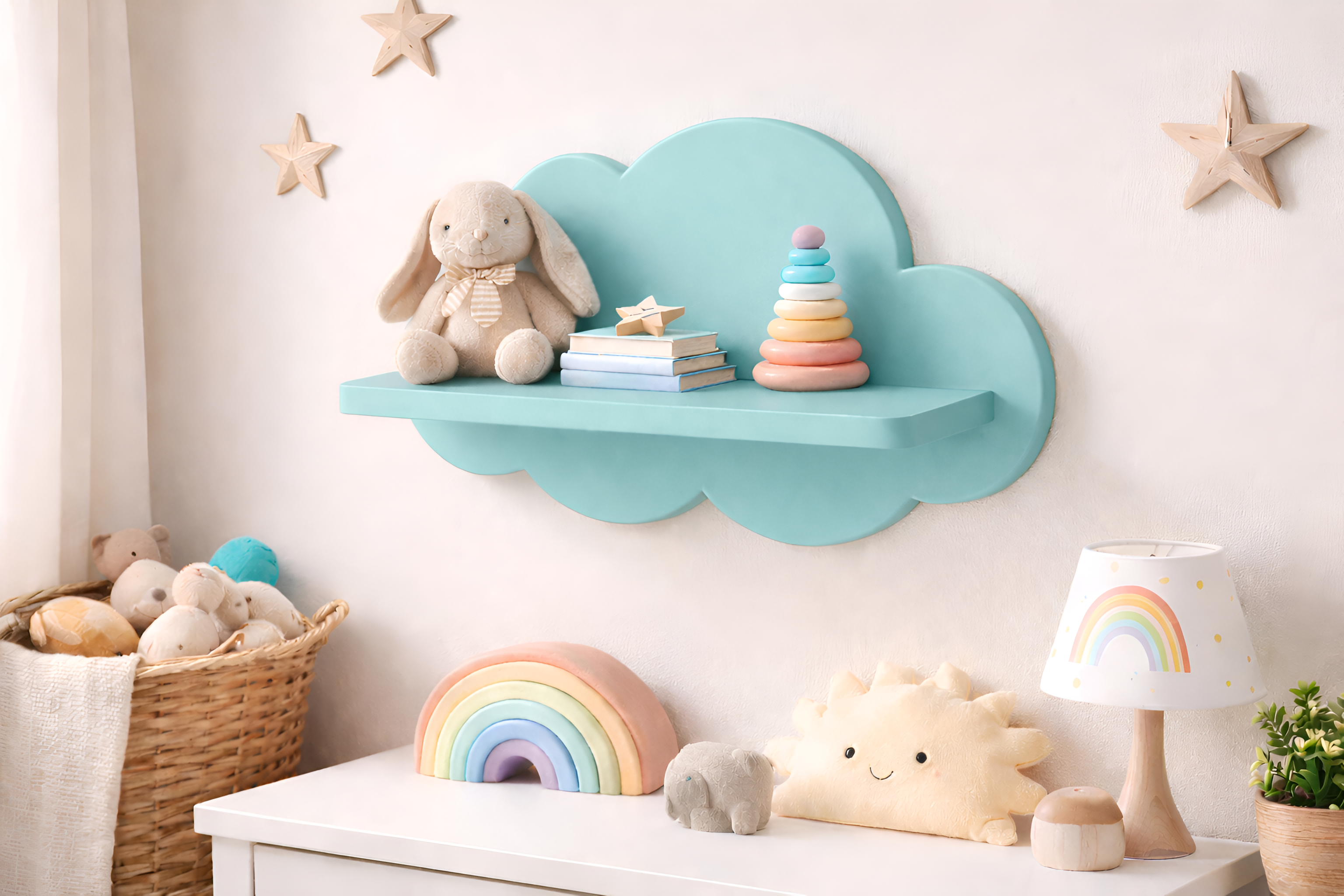 Repisa infantil de madera en forma de nube decorativa para habitación de bebé con juguetes y libros.