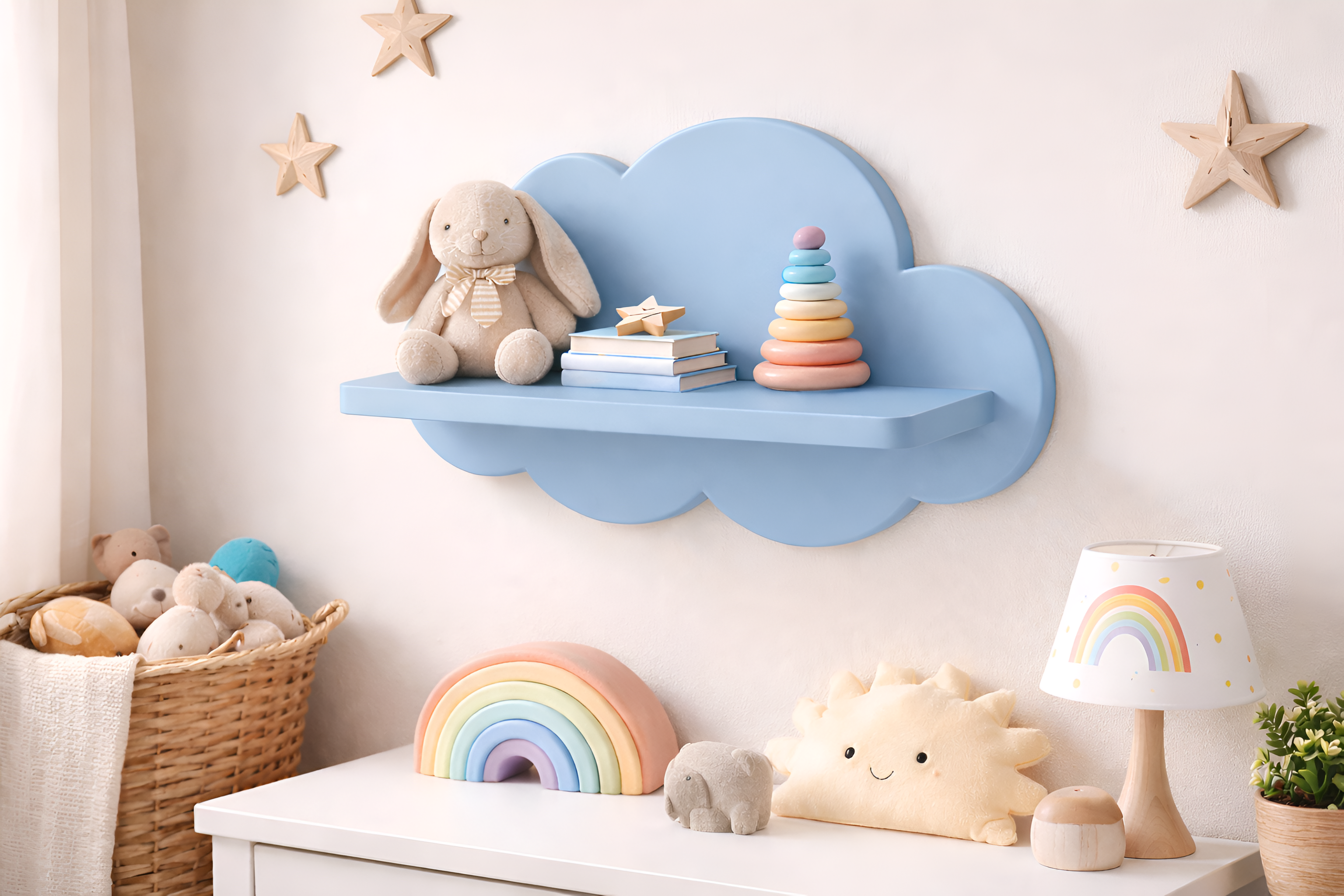 Repisa infantil de madera en forma de nube decorativa para habitación de bebé con juguetes y libros.
