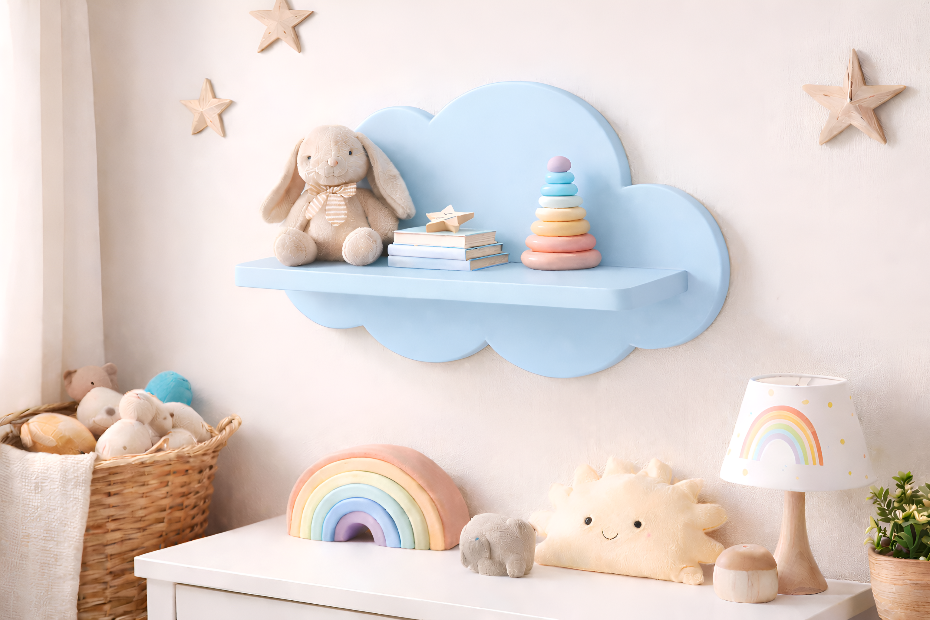 Repisa infantil de madera en forma de nube decorativa para habitación de bebé con juguetes y libros.