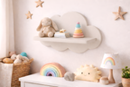 Repisa infantil de madera en forma de nube decorativa para habitación de bebé con juguetes y libros.