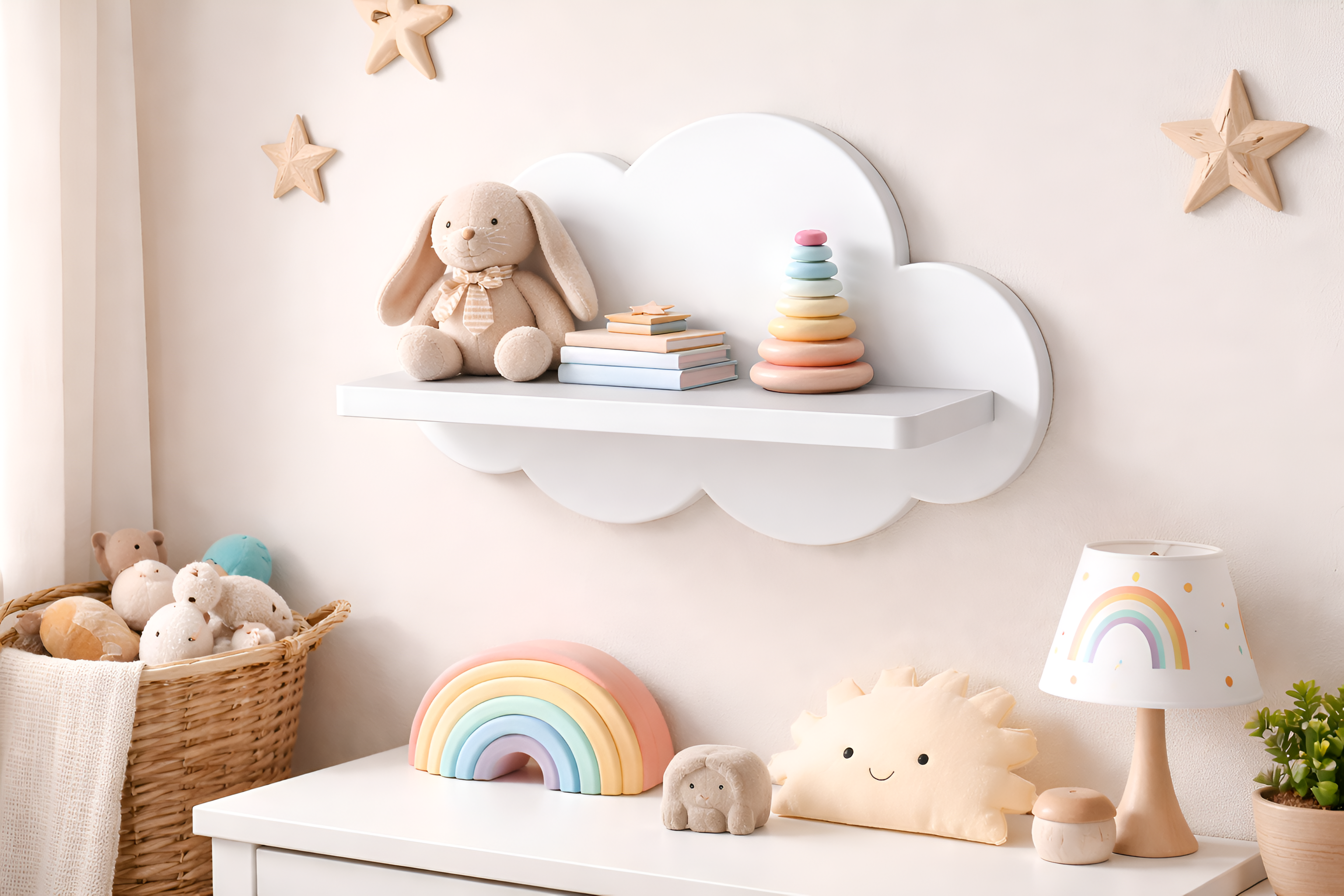 Repisa infantil de madera en forma de nube decorativa para habitación de bebé con juguetes y libros.