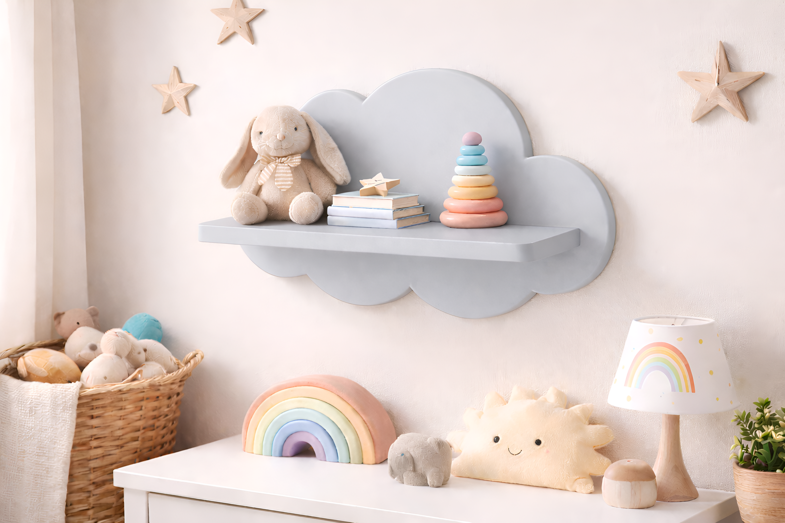 Repisa infantil de madera en forma de nube decorativa para habitación de bebé con juguetes y libros.
