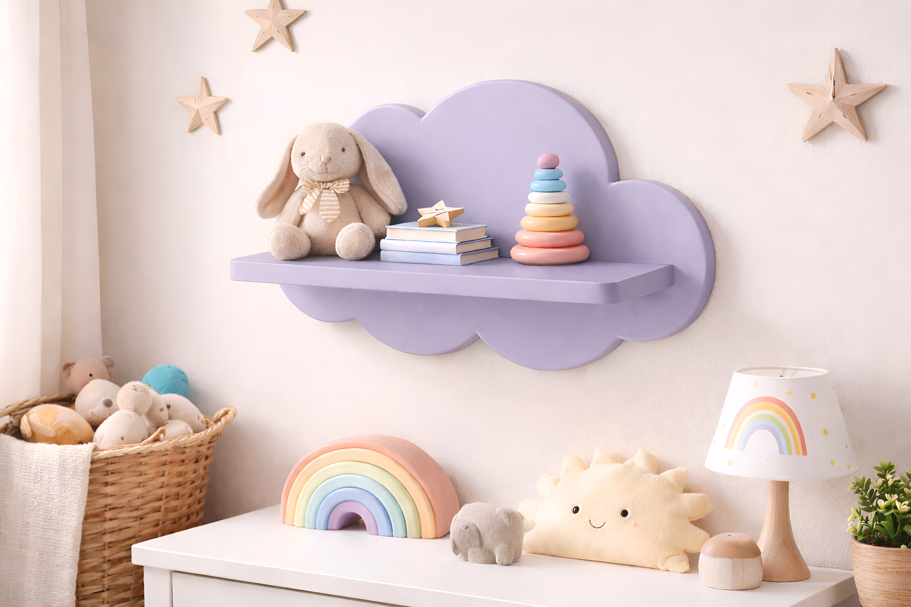 Repisa infantil de madera en forma de nube decorativa para habitación de bebé con juguetes y libros.