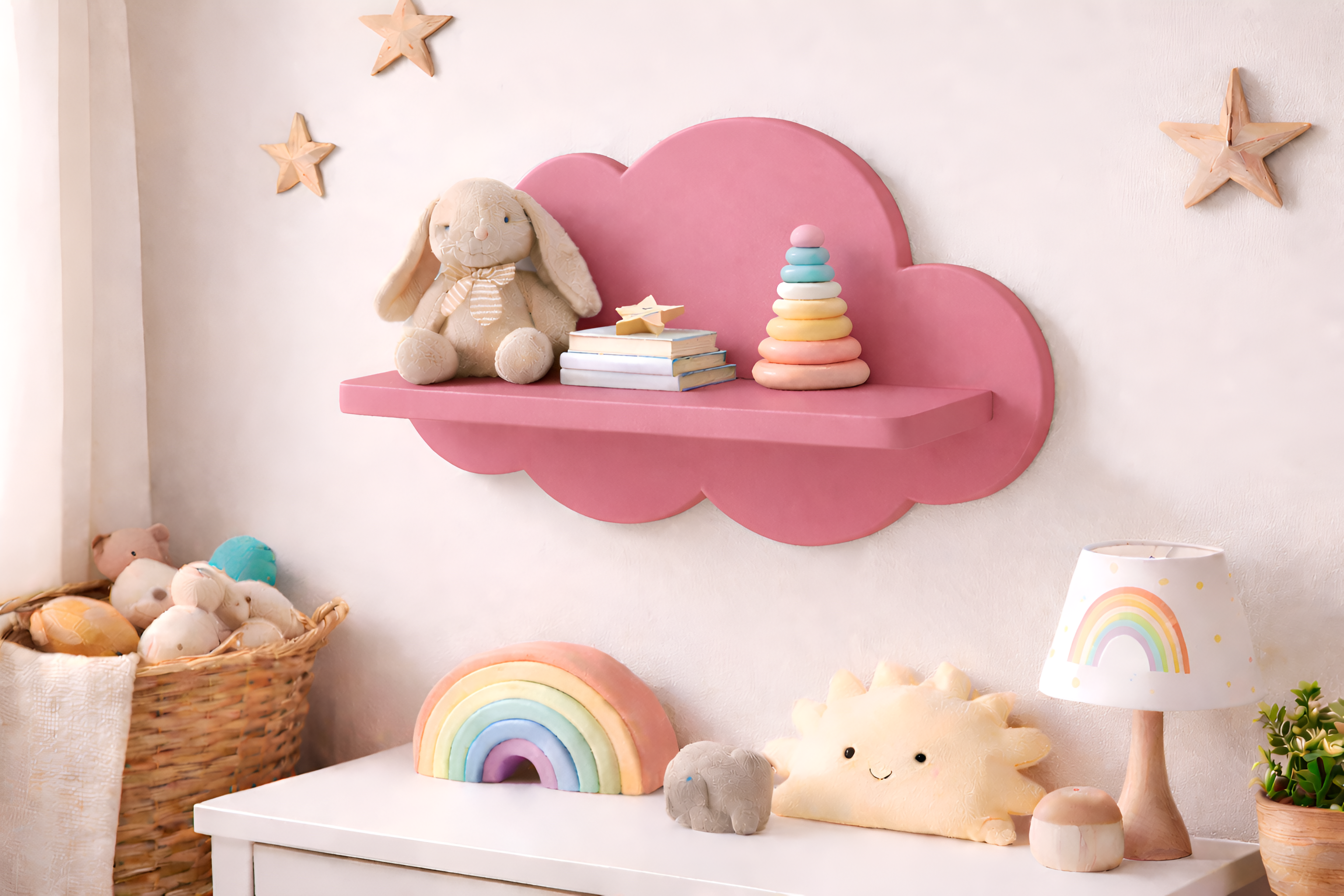 Repisa infantil de madera en forma de nube decorativa para habitación de bebé con juguetes y libros.